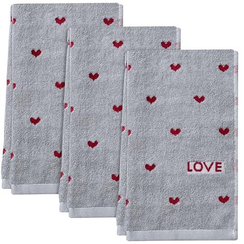 3pcs Valentine's Day Hand Towels Gray Red Hearts Embroidered Towel for Bath Cotton Soft Bathroom Kitchen Valentine's Day Decorative Set for Drying Cleaning Cooking Holiday Decor Gift,14 x 29 Inch