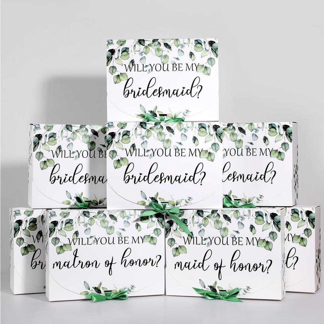 Marspark 8 Pack Greenery Bridesmaid Proposal Gift Boxes with Ribbon 7.87 x 10.6 Inch Will You Be My Maid of Honor Bridesmaid Boxes for Wedding Bridal Shower Packaging Supplies Birthday Party Favors