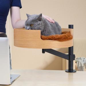 Cat Bed Desk with Pet Mat, Cat Hammock for Desk, Cat Bed Desk with Wooden Bowl, 360 Rotation and Adjustable Height, Brown