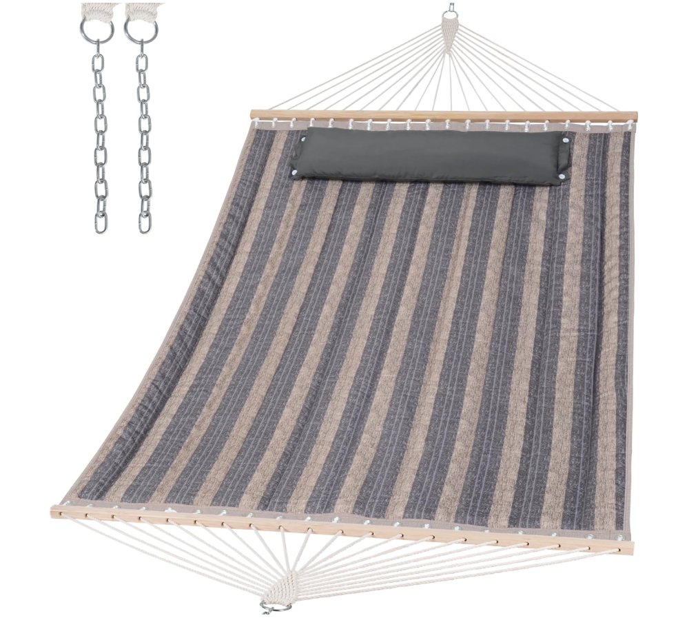 Double Quilted Hammock with Hardwood Spreader Bar, Extra Large Soft Pillow, Heavy Duty 2 Person Hammock for Indoor, Outdoor, Gray Stripes