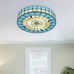 Blue Tiffany Style Ceiling Light, Elegant Stained Glass Flush Mount Ceiling Light, Decorative Round Ceiling Lamp for Bedroom, Living Room (19.6")