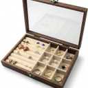 CT SUN Small Wooden Ring & Earring Organizer Box Case, Display Case with HD Glass Lid, Velvet Lining, Organizer for Women Rings Earrings Bracelets Brooches, Compact Size Jewelry Box for traveling