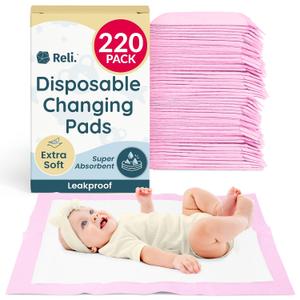 Reli. Disposable Changing Pads for Baby | 220 Pack (13"x18") | Pink Disposable Diaper Changing Pads | Super Absorbent, Leak-Proof Liners | Waterproof (Pink/White)