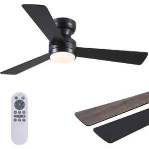 Asyko Ceiling Fans with Lights, 46" Low Profile Ceiling Fan with Light and Remote Control, Flush Mount, Reversible, Dimmable, Noiseless, Black Ceiling Fan for Bedroom
