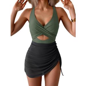 B2prity Women Mesh One Piece Swimdress Swimsuit Tummy Control V Neck Cutout Bathing Suit Wrap Drawstring Sarong Swimwear (Large, Army Green,black)