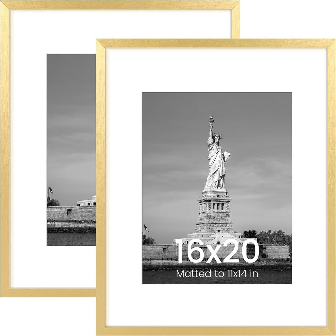 ENJOYBASICS 16x20 Picture Frame, Display Poster 11x14 with Mat or 16 x 20 Without Mat, Wall Gallery Photo Frames, Gold, 2 Pack
