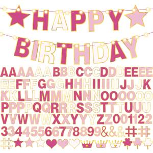 TaoBary 143 Pcs DIY Letter Banner Customizable Happy Birthday Supplies Make Your Own Banner Include Letters, Numbers Symbol Rope Needles for Baby Shower Wedding Bachelor Party Decorations(Pink)