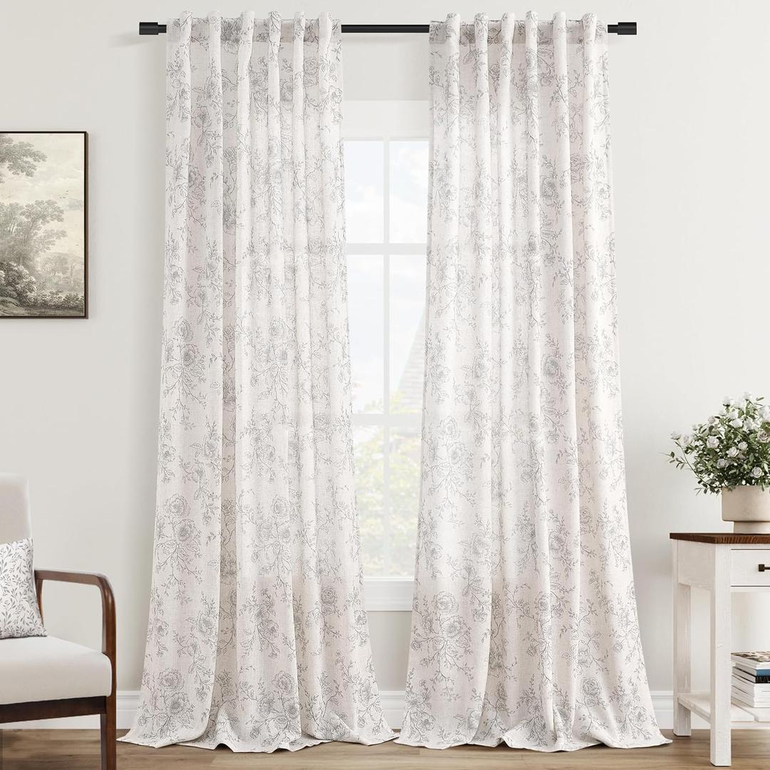 Vintage Floral Curtains - 95 Inch Long Grey Patterned Sketch Print Burlap Textured Farmhouse Country Shabby Chic Back Tab Cream Linen Drapes for Living Room and Bedroom (52"W x 95"L (Pack of 2))