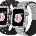 2 Pack Bling Stretchy Watch Bands Compatible with Apple Watch Band 40mm 41mm 44mm 45mm iWatch Series 11 10 9 8 7 6 5 4 SE, Adjustable Nylon Wristband with Shiny Case for Women Girls (Black Silver/Black)