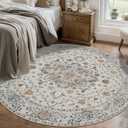 Tangsoo Vintage Round Rug 5ft, Washable Circle Rug, Non Slip Boho Round Area Rug, Low Pile Circular Rugs, Round Carpet for Bedroom, Livingroom, Nursery, Dorm, Office, Grey