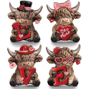 Bucherry 4 Pcs Valentine's Day Highland Cow Figurines Love Heart Rose Bow Highland Cow Gnomes Scottish Statue Calf Lovers Gifts for Home Kitchen Office Tiered Tray Table Farmhouse Rustic Decor