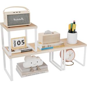 Aothia Wood Desktop Shelf for Top of Desk - 2-Tier Adjustable Bookshelf Organizer, Freestanding Stackable Shelves for Office, Home, Kitchen Counter (Oak)