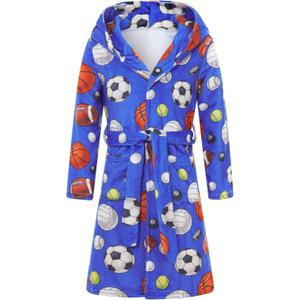 Funnycokid Boys Robe Kids Hooded Fleece Bathrobe Flannel Pajamas Soft Sleepwear 7-14 Years