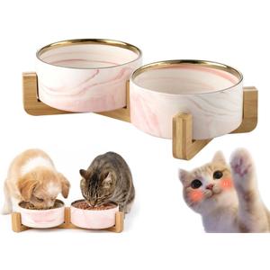 Ceramic Dog and Cat Bowl with Stand, Modern Stone-Effect Ceramic Dog Bowls with Bamboo Stand Non-Slip for Small Medium Dogs, Modern Marble Design, Dishwasher/Microwave Safe (Pink)
