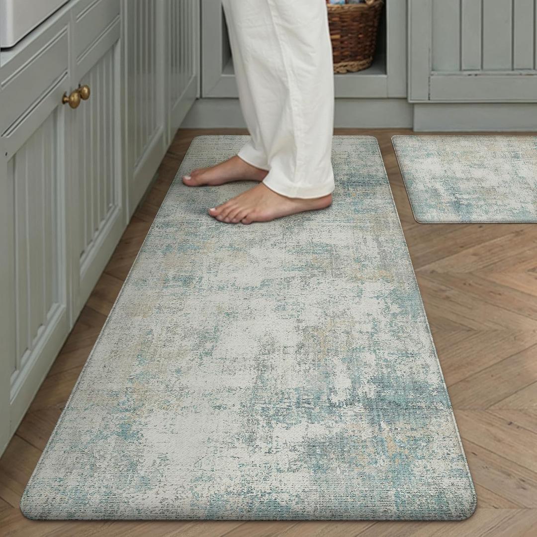 Kitchen Mats for Floor Set of 2 Anti Fatigue Waterproof Kitchen Rug Blue Cream Abstract Cushioned Non-Slip Kitchen Mats Comfort Standing Neutral Mat for Sink Laundry Office 17.3"47"+17.3"30"