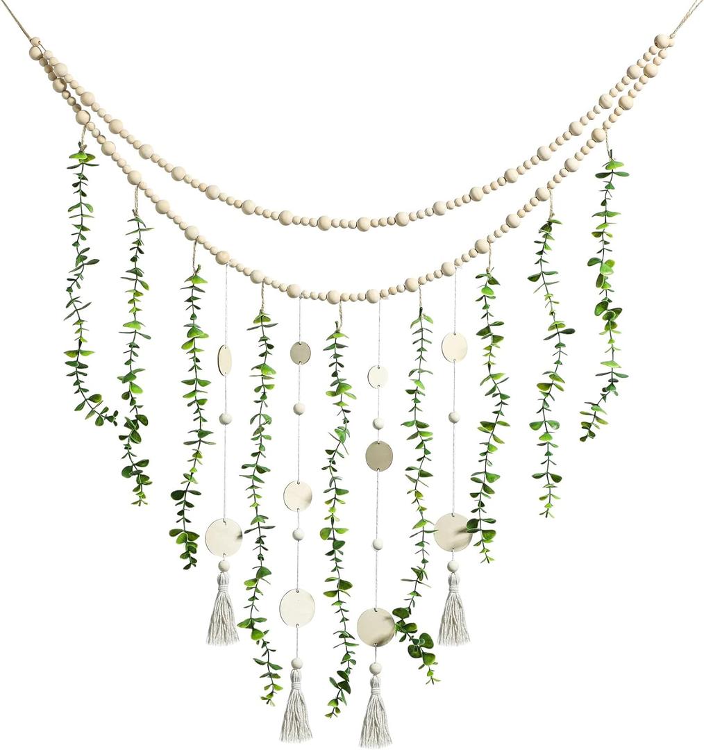 Hanging Eucalyptus Boho Wall Decor Large Boho Bedroom Wall Hanging Wooden Bead Garland Artificial Eucalyptus Natural Greenery Decoration, 36 x 36 Inch (Simple Color, Wood Chip Style)