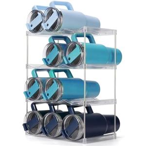 Dersyer Stackable Water Bottle Organizer for Stanley 40 oz Tumbler, Water Bottle Holder for Others' Large Cup, Tumbler Organizer for Cabinet, Water Bottle Storage Rack, Wine Rack, Hold 12, 4 Tiers