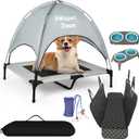 4-in-1 Pet Travel & Outdoor Set, Include 36in Gray Elevated Dog Bed with Canopy, Dog Canopy Bed, Pet Back Seat Cover, 50ft Tie Out Cable, Collapsible Double Pet Bowls