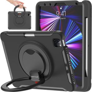 BATYUE Case for iPad Air 11-inch M3 (2025) / M2 (2024), iPad Air 5th/4th 10.9 inch(2022/2020), iPad Pro 11" 4th/3rd/2nd/1st, Shockproof Cover with 360 Rotating Stand, Pencil Holder, Black (N-Adjustable Hand Strap(Black))