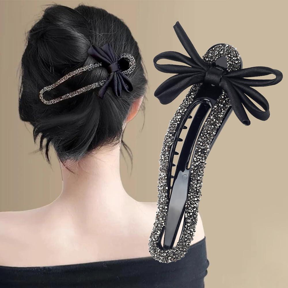 Black Bow Rhinestone Duckbill Flat Hair Clips For Women 4.72IN French Claw Clip Barrettes Sweet Decorative Crystal Ribbon Hairclips Cute Bowknot Rhinestones Claw Clips For Thick Thin Hair Accessories