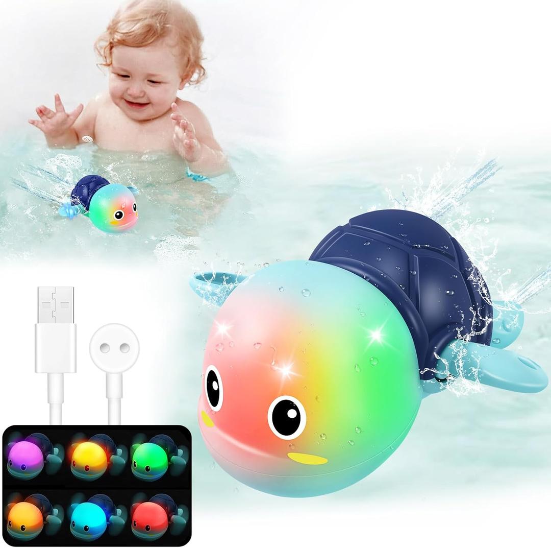 Gigilli Rechargeable Swimming Turtle Bath Toys, Baby Bath Toys for Kids Ages 1-3 2-4, Light Up Bathtub Pool Water Toys, Comes with Batteries, Toddlers Baby Shower Birthday Gifts (Blue)