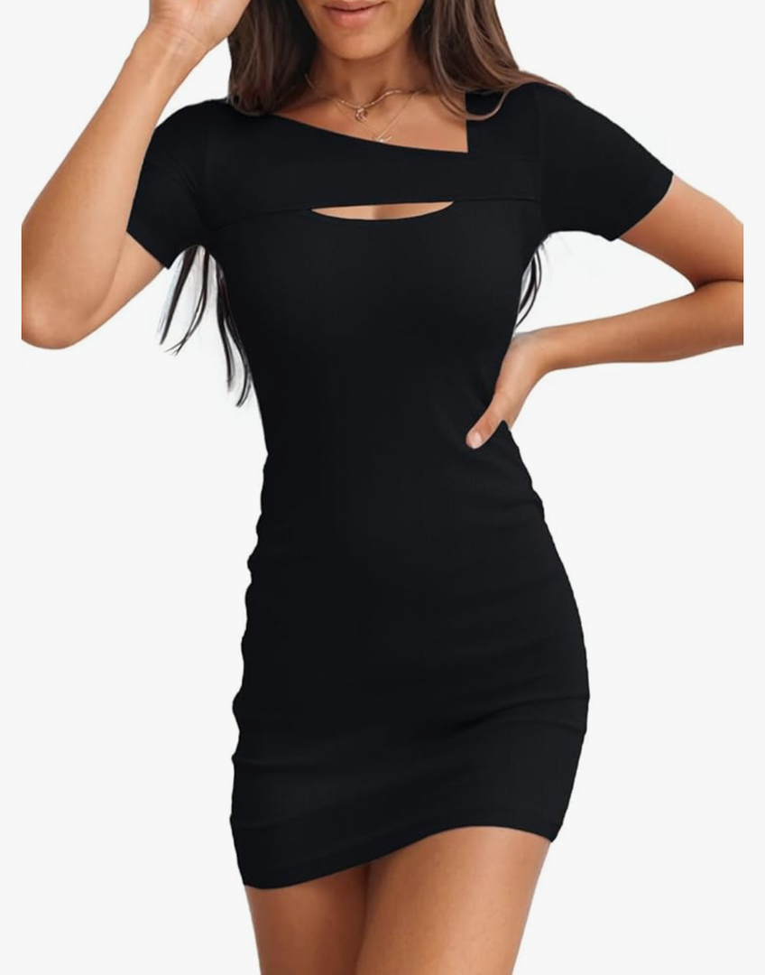 Valiamcep Women's Summer Mini Dress Short Sleeve Square Neck Cut Out Sexy Ribbed Knit Fitted Casual Pencil Bodycon Dresses Black S