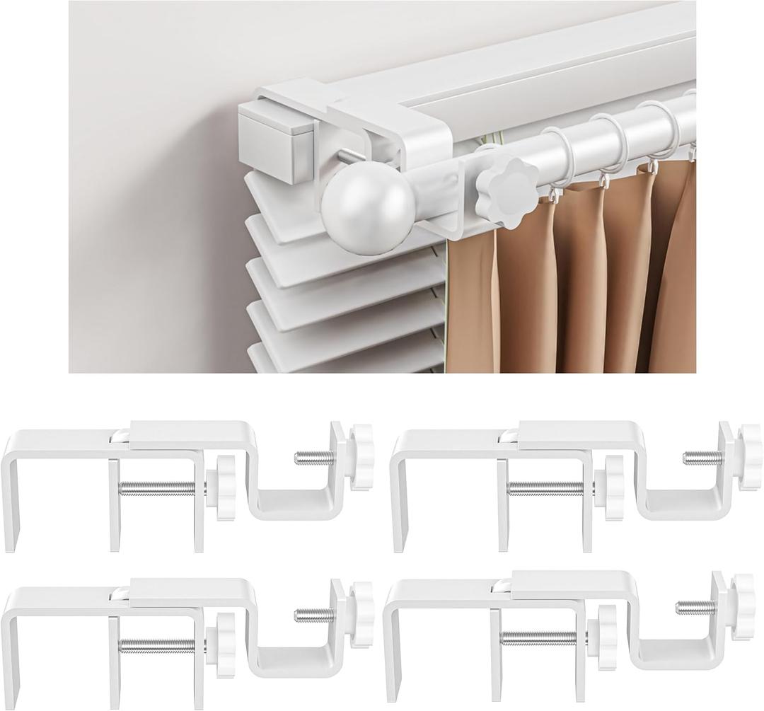 Over-Blinds Curtain Rod Brackets for Outside-Mounted Blinds, Blinds Curtain Rod Brackets for 1.32 Rectangular Headrails, Tool-Free No-Drill Installation for Apartments, Rentals Set of 4 (White)