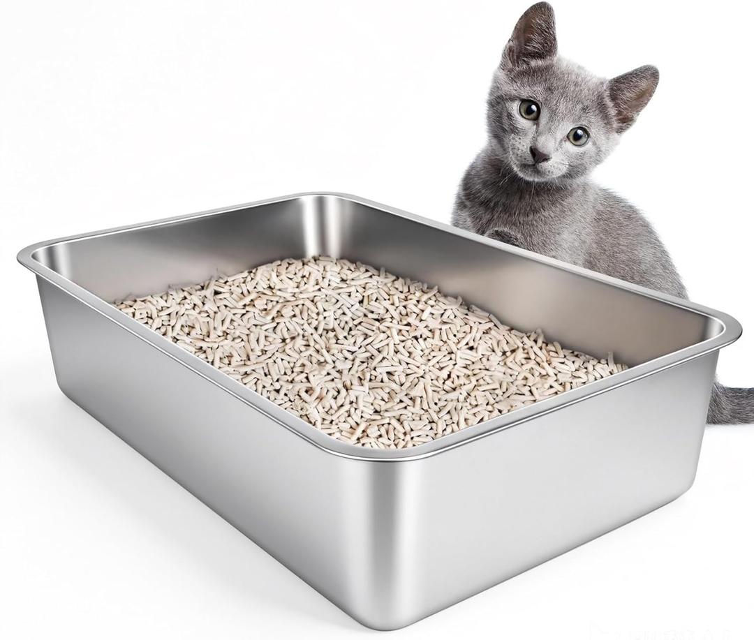IKITCHEN Stainless Steel Cat Litter Box, Large Metal Litter Box for Cats, Never Absorbs Odors,Stain Free, Rustproof, Non Stick Smooth Surface, Anti-Slip Rubber Bottom, 19.5" L x 13.5" W x 4" H