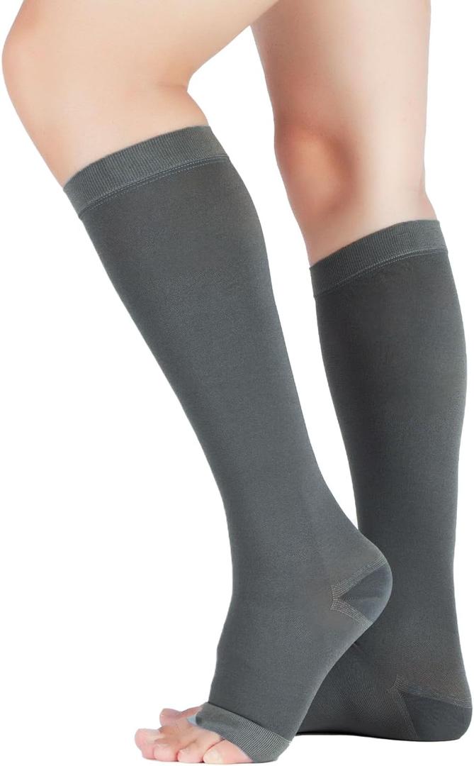 LIN PERFORMANCE 20-30 mmHg Medical Compression Socks for Women and Men Knee High Open Toe Stockings for Varicose Vein Swollen legs (L,Grey)