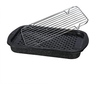 Granite Ware 3 piece multiuse set. Enameled steel bake, broiler pan, and grill with rack. Versatile for oven and direct fire cooking. Resists up to 932F.