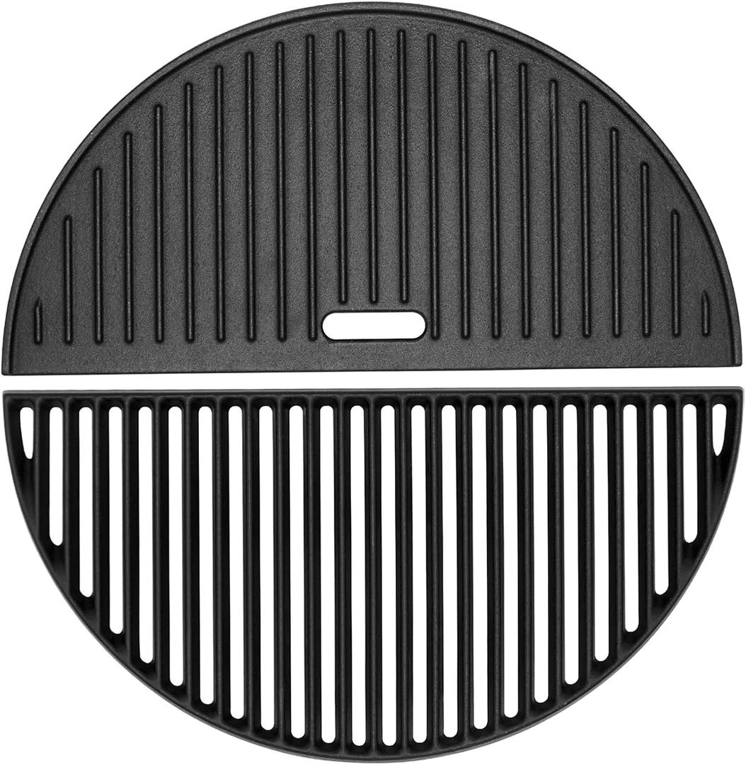 18" Half Moon Cast Iron Cooking Grates for Kamado Joe KJ-23RHC Classic II KJ23NRHCI Classic III KJ23RH Classic I Reversible Griddle for Stand-Alone Classic Large Big Green Egg Kamado Grill Replacement