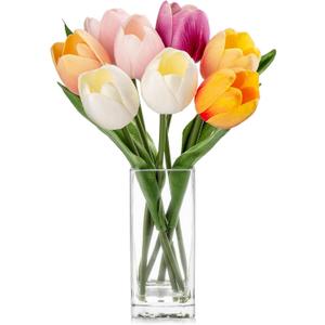 Briful Fake Flowers Artificial Tulip Flower in Clear Vase, Multi Color Real Touch Foam Tulip Arrangement Suitable for Home Office Decoration, Dining Table Centerpiece