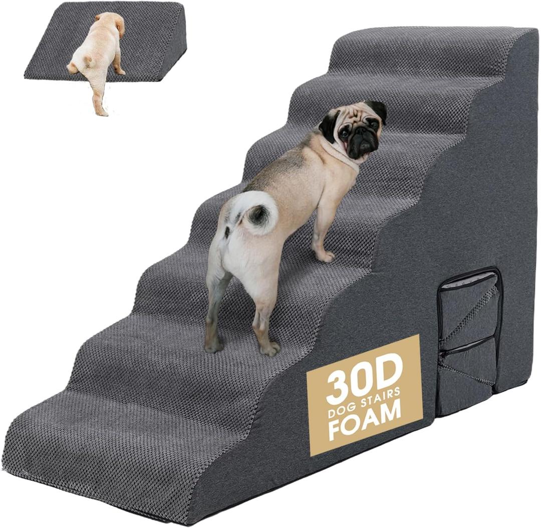 Dog Stairs for High Beds 30-33 inches Tall, 7-Step Pet Stairs/Steps for Small Large Dogs, 30D Foam Pet Steps/Ramp/Ladder for High Bedsides, with 4pcs Dog Ramp for Stairs, Dark Grey