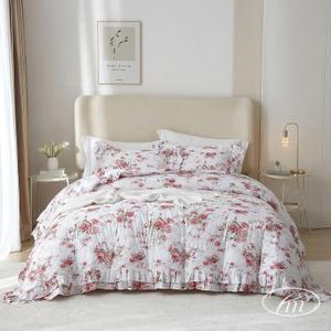 VM VOUGEMARKET Rose Flower Duvet Cover Set Queen Romantic Girls Ruffle Bedding Set Soft Microfiber Botanical Duvet Cover with 2 Pillow Shams (Queen(90" x 90"))