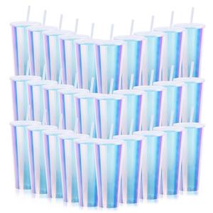 Ahongwenxi 30 Pack Iridescent Plastic Cups with Lids and Straws, 24 oz Disposable Plastic Tumblers Iced Coffee Cups Travel Mug Cup for Juices Birthday Bachelorette Party Wedding (Iridescent,24 oz)