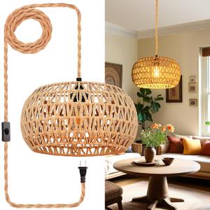 Hanging Lights with Plug in Cord Rattan Hanging Lamp Boho Ceiling Light Fixtures Farmhouse Pendant Lamp Shape for Living Room Bedroom Kitchen (12.6 Inch-Drum Shade)