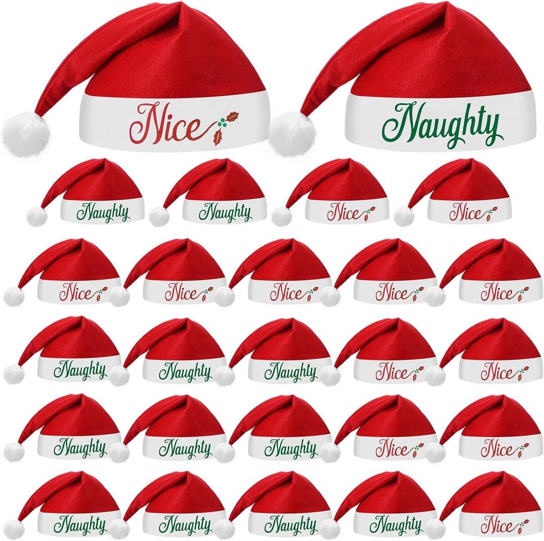 Shinymoon 24 Pieces Christmas Santa Hats Non Woven Fabric Naughty and Nice Santa Hats for Adult Men Women Kids Party Holiday (Red Color)