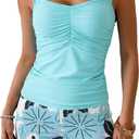 B2prity Women's Tankini Swimsuit Tummy Control Ruched Two Piece Bathing Suit Push Up Modest Swim Suits with Shorts (L, Blue)