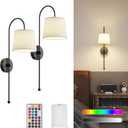 Wall Decor Sconces Set of Two Battery Operated, Rechargeable Wireless Wall Lights for Living Room Bedroom, 2 Battery Powered Wall Lamp with Magnetic Dimmable RGB Bulbs & Remote - Black