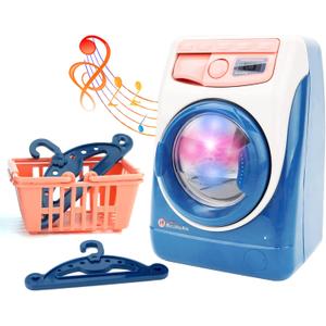 deAO Washing Machine Toy for Kids Dollhouse Furniture Pretend Play Household Appliance Realistic Sounds with Lights Laundry Play Set with Rotatable Roller for Children Birthday Present, Blue