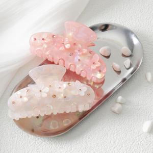 HAIMEIKANG 2Pcs Acrylic Flower Hair Claw Clips - Large for Women, Strong Hold Jaw Clip for Thick Thin Hair, Cute Non-slip Stylish Hair Accessories for Girls (Pink+White)