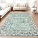 Area Rug - 5x7 Living Room Bedroom Machine Washable Printed Vintage Floral Carpet Non-Slip Low Pile Distressed Boho for Laundry Dining Farmhouse, Green