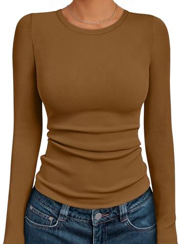AUTOMET Women's Long Sleeve Shirts Ribbed Slim Fit Crewneck Tops Basic Layering Tees Undershirts Fall Winter Clothes Light Brown L