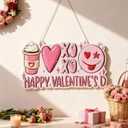 Happy Valentine's Day Door Sign Pink Wooden Valentine's Welcome Wall Hanger with Hand-drawn Heart, Latte, Xoxo, Smile Rustic Hanging Wall Plaque Wreaths Decor for Front Door Porch Farmhouse