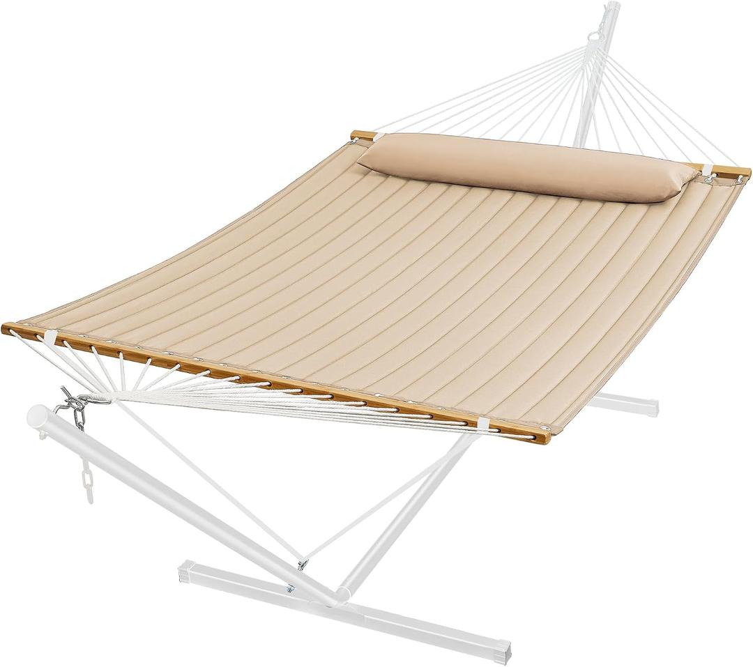 SUPERJARE Hammock with Stand, 2 Person Quilted Outdoor Hammock, Detachable Pillow & Bamboo Spreaders, Portable Hammock with Carrying Bag, Heavy Duty Stand, Perfect for Outside, Patio, Beige