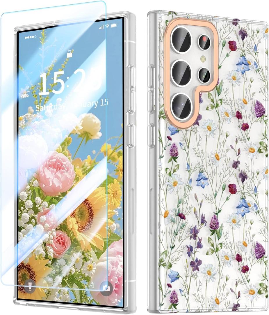 MILPROX Flower Case for Samsung Galaxy S24 Ultra, with Screen Protector Cute Floral Design for Girls and Women, Protective Shockproof Phone Cover for Galaxy S24 Ultra 6.8-Inch (Garden)