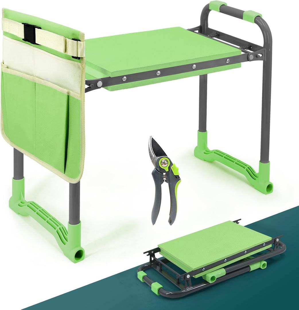 Foldable Garden Kneeler and Seat 2-in-1 Gardening Stool with a Tool Storage Pouch, Lightweight and Portable for Elderly, Outdoor, Lawn Care (Green)