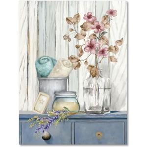 Bathroom Decor Wall Art Farmhouse Flower Pictures Laundry Room Bathroom Wall Decor Pink Poppy Vase Canvas Prints Blue White Painting Framed Artwork (16L" x 12W", F003)