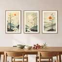 Chinoiserie Bamboo Forest Framed Canvas Wall Art Set, Nature Tree Lakes Wall Decor, Minimalist Zen Landscape Wall Painting, Watercolor Art Prints for Living Room, Bedroom, Office 16"X24"X3