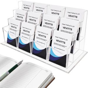 Vevitts Vertical Business Card Holder, Acrylic Business Card Display, Clear Desktop Business Card Stand for Exhibition, Home & Office Clear 3 Tiers 12 Slots